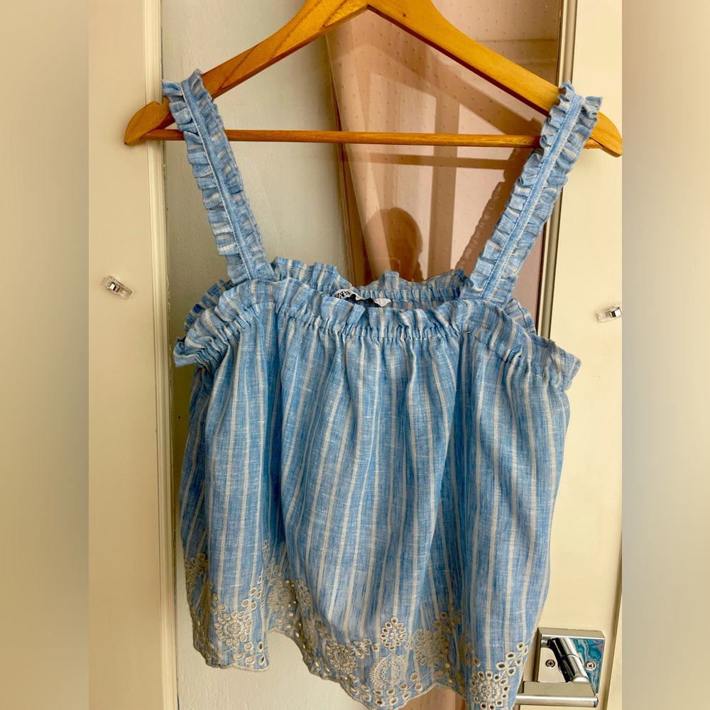 ZARA size L linen camisole top with eyelet edge